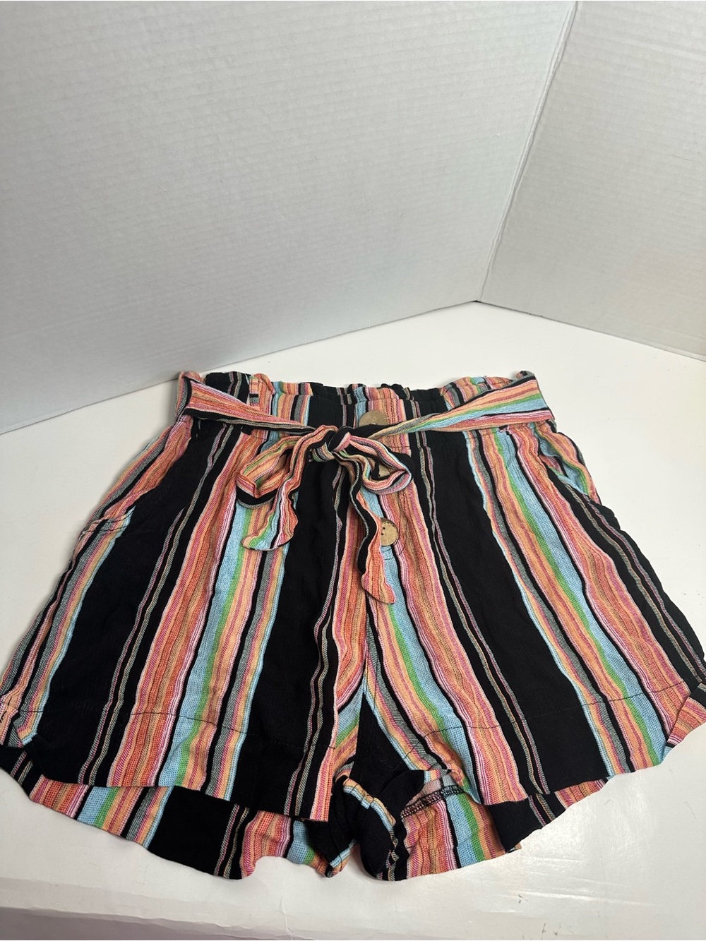 Celebrity Pink Black Multicolor Striped Paperbag Waist Shorts